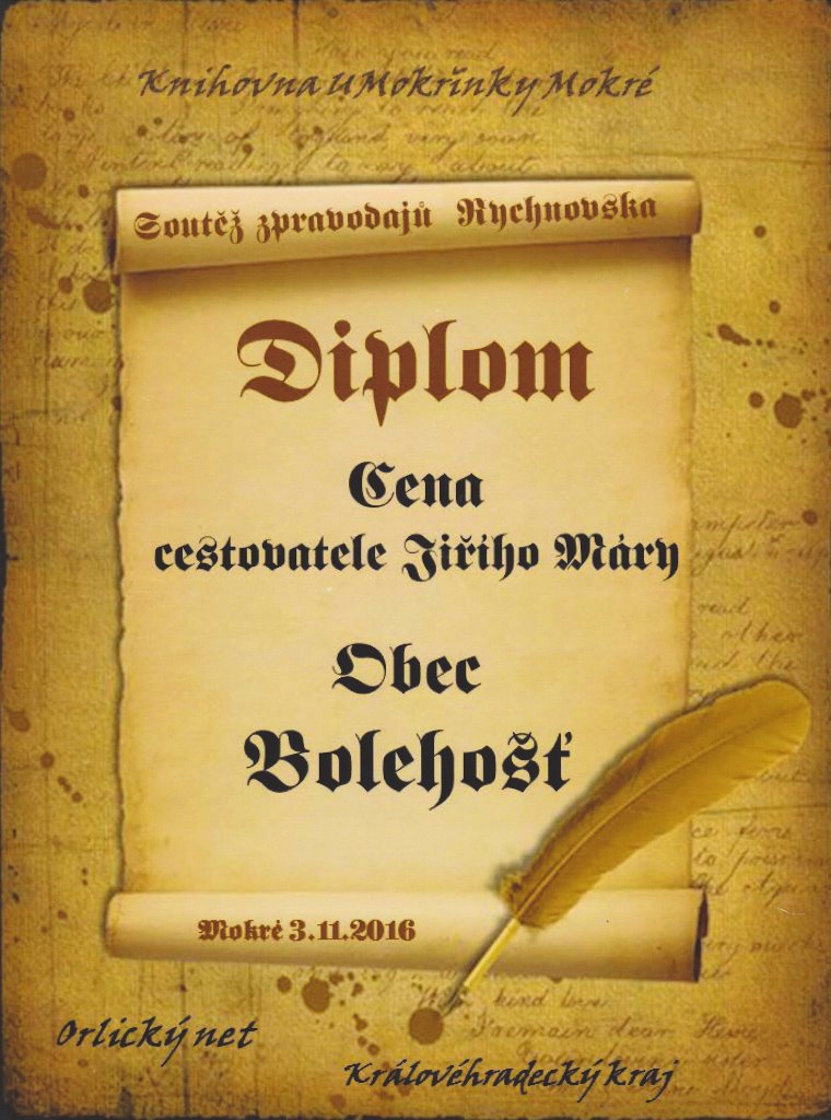 diplom - Cena cestovatele Jiřího Máry 2016